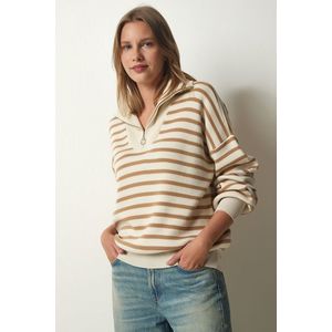 Happiness İstanbul Women's Cream Biscuit Striped Zipper Collar Knitwear Sweater obraz