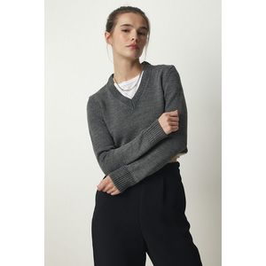 Happiness İstanbul Women's Anthracite V-Neck Crop Knitwear Sweater obraz