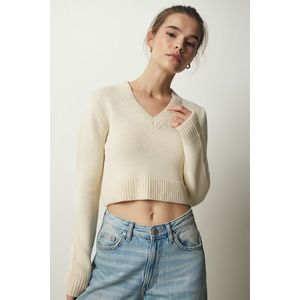 Happiness İstanbul Women's Cream V-Neck Crop Knitwear Sweater obraz