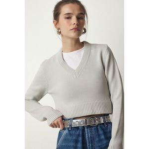 Happiness İstanbul Women's Stone V-Neck Crop Knitwear Sweater obraz