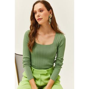 Olalook Women's Almond Green Square Neck Thick Ribbed Knitwear Blouse obraz