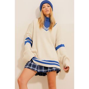 Trend Alaçatı Stili Women's Vanilla V-Neck Stripe Block Oversize Sweater with Side Slits obraz