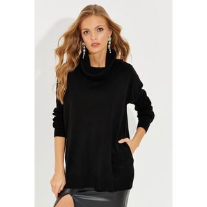 Cool & Sexy Women's Black Turndown Collar Pocket Knitwear Sweater YZ519 obraz