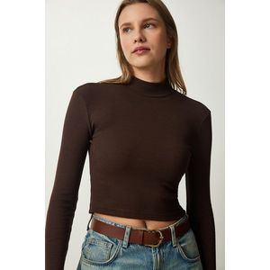 Happiness İstanbul Women's Dark Brown Ribbed Turtleneck Crop Knitted Blouse obraz