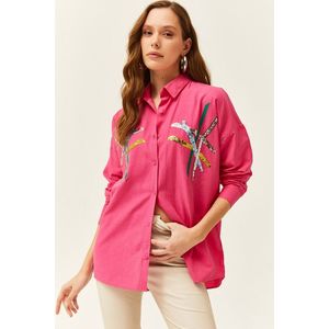 Olalook Women's Fuchsia Color Sequin Stick Woven Shirt obraz