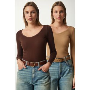 Happiness İstanbul Women's Dark Brown Biscuit V Neck 2-Pack Knitted Blouse obraz