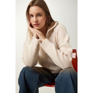 Happiness İstanbul Women's Dark Cream Zipper Collar Knitwear Sweater obraz