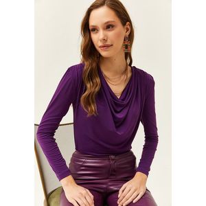 Olalook Women's Purple Waistband Pleated Turndown Collar Blouse obraz