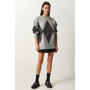 Happiness İstanbul Women's Light Gray Premium Diamond Pattern Oversize Knitwear Sweater obraz