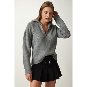 Happiness İstanbul Women's Gray Zippered Collar Knitwear Sweater obraz