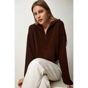 Happiness İstanbul Women's Brown Zipper Collar Knitwear Sweater obraz
