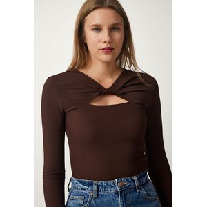 Happiness İstanbul Women's Brown Cut Out Detailed Corded Knitted Blouse obraz