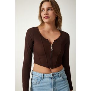 Happiness İstanbul Women's Brown Zippered Ribbed Crop Blouse obraz