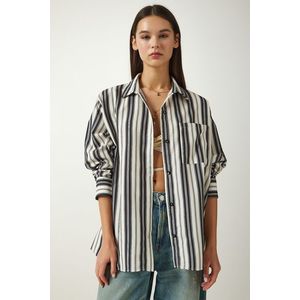 Happiness İstanbul Women's Cream Black Striped Oversize Knitted Shirt obraz