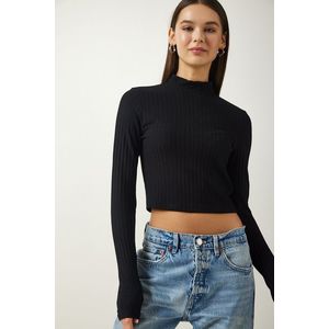 Happiness İstanbul Women's Black Turtleneck Corded Crop Knitted Blouse obraz