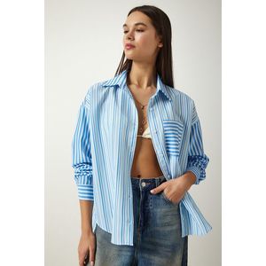 Happiness İstanbul Women's Sky Blue Striped Oversize Cotton Woven Shirt obraz