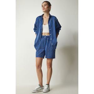 Happiness İstanbul Women's Blue Striped Satin Surface Shirt Shorts Set obraz