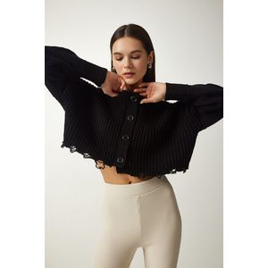 Happiness İstanbul Women's Black Ripped Detailed Buttoned Crop Knitwear Cardigan obraz