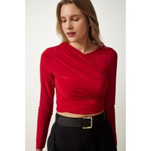 Happiness İstanbul Women's Red Ruffle Detailed Crop Sandy Blouse obraz