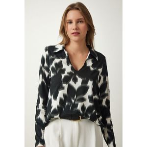 Happiness İstanbul Women's Black and White Polo Neck Patterned Knitted Blouse obraz