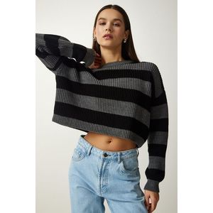 Happiness İstanbul Women's Gray Black Striped Crop Knitwear Sweater obraz