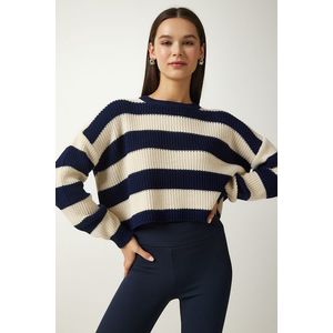 Happiness İstanbul Women's Navy Blue Cream Striped Crop Knitwear Sweater obraz