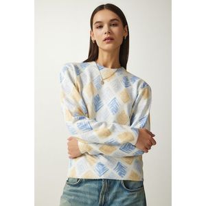 Happiness İstanbul Women's Yellow Blue Patterned Soft Textured Knitwear Sweater obraz