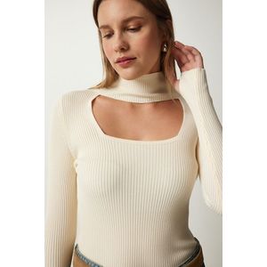 Happiness İstanbul Women's Cream Cut Out Detailed High Collar Ribbed Knitwear Sweater obraz