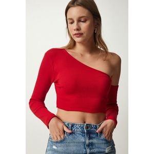 Happiness İstanbul Women's Red Single Sleeve Ribbed Crop Knitted Blouse obraz