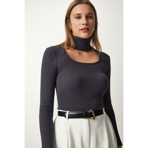 Happiness İstanbul Women's Anthracite Cut Out Detailed Turtleneck Corded Knitted Blouse obraz