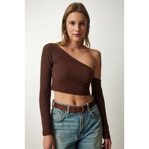 Happiness İstanbul Women's Brown Single Sleeve Ribbed Crop Knitted Blouse obraz
