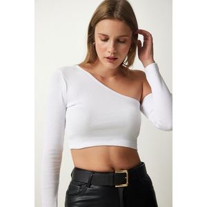 Happiness İstanbul Women's White Single Sleeve Ribbed Crop Knitted Blouse obraz