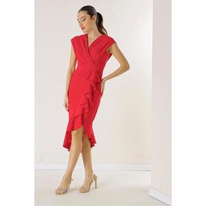 By Saygı Double Breasted Collar Front Flounce Lined Crepe Dress obraz