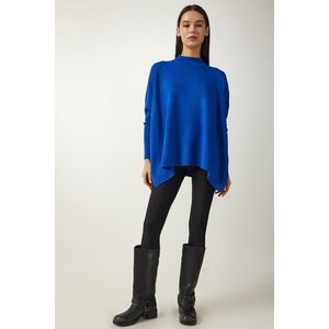 Happiness İstanbul Women's Blue Stand-Up Collar Slit Knitwear Poncho Sweater obraz