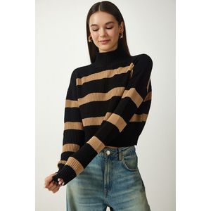 Happiness İstanbul Women's Black Biscuit Stand-Up Collar Striped Knitwear Sweater obraz