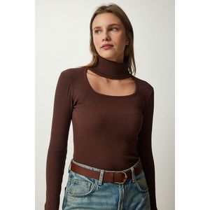 Happiness İstanbul Women's Brown Cut Out Detailed Turtleneck Corduroy Knitted Blouse obraz
