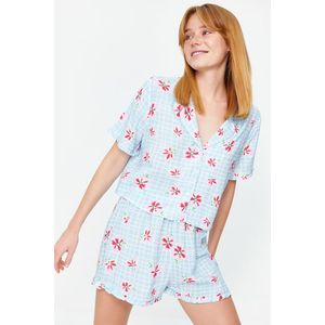 Trendyol Light Blue Floral Pattern Viscose Shirt-Short Woven Pajamas Set obraz