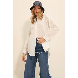 Trend Alaçatı Stili Women's White Motif Oversize Linen Shirt obraz