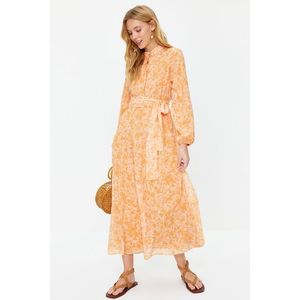 Trendyol Light Orange Patterned Belted High Neck Lined Chiffon Woven Dress obraz