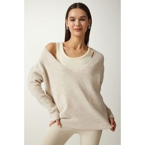 Happiness İstanbul Women's Beige Undershirt Soft Textured Double Knitwear Sweater obraz