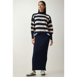 Happiness İstanbul Women's Navy Blue Striped Sweater Dress Knitwear Suit obraz
