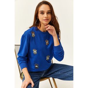 Olalook Women's Saks Blue Eye Embroidered Seasonal Sweatshirt obraz