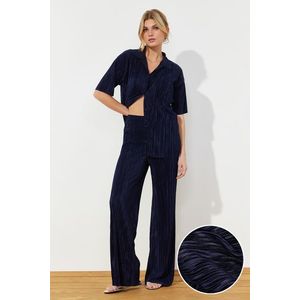 Trendyol Navy Blue Pleated Wide Cut Shirt and Trousers Knitted Bottom Top Set obraz