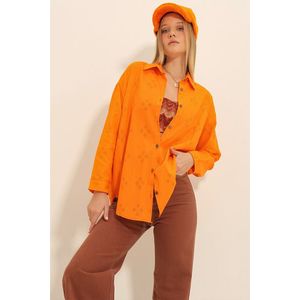 Trend Alaçatı Stili Women's Orange Motif Oversize Linen Shirt obraz
