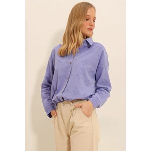 Trend Alaçatı Stili Women's Lilac Motif Oversize Linen Shirt obraz