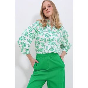 Trend Alaçatı Stili Women's Green Leaf Patterned Balloon Sleeve Hidden Placket Linen Shirt obraz