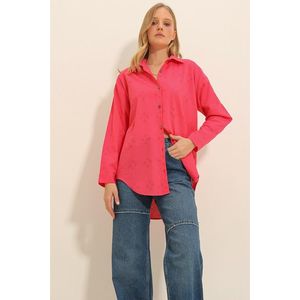 Trend Alaçatı Stili Women's Fuchsia Motif Oversize Linen Shirt obraz