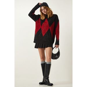 Happiness İstanbul Black Red Premium Diamond Pattern Oversize Knitwear Sweater obraz