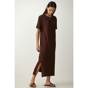 Happiness İstanbul Women's Brown Crew Neck Knitted Ribbed Dress obraz
