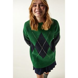 Happiness İstanbul Green Premium Diamond Pattern Oversize Knitwear Sweater obraz